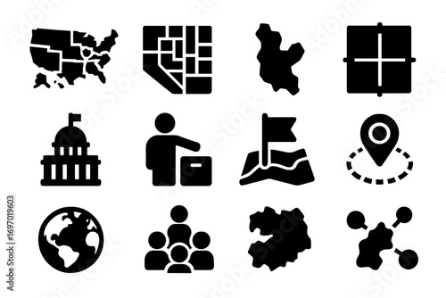 Political Symbols Icons. Solid style icons of political maps and symbols: state borders map, election heatmap, district outline,