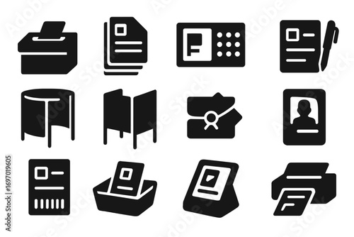 Voting Equipment Icons. Solid style icons of voting equipment and materials: ballot box with slot, paper ballot stack, electronic