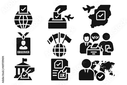 Global Voting Symbols. Solid style icons of international elections: globe with ballot box, overseas voting icon, country-specific