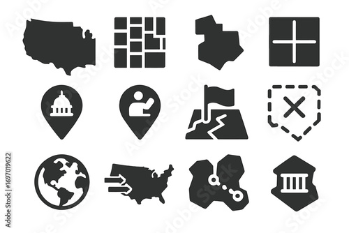 Political Symbols Icons. Solid style icons of political maps and symbols: state borders map, election heatmap, district outline,