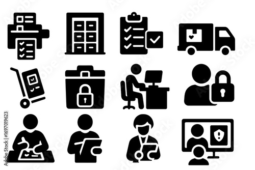 Election Operations Icons. Solid style icons of behind-the-scenes election operations: printing ballots, ballot storage room,