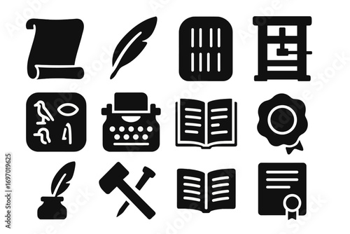 Historic Writing Icons. Solid style icons of historic writing and records: parchment scroll, feather quill, stone tablet, printing