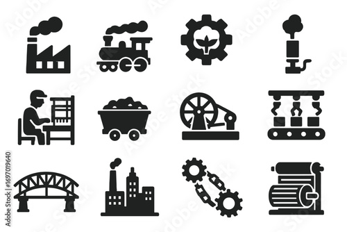 Industrial Revolution Icons. Solid style icons of industrial revolution: smokestack factory, steam locomotive, cotton mill gear,