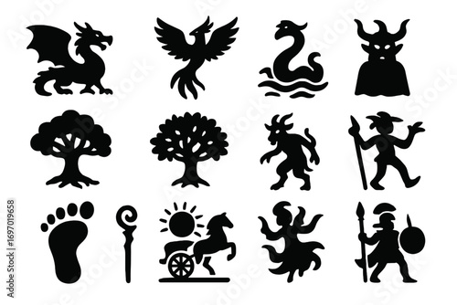 Mythical Creature Icons. Solid style icons of folklore and mythology: dragon silhouette, phoenix flight, sea serpent, ancestral
