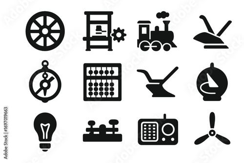 Historic Tools Icons. Solid style icons of historical inventions and tools: early wheel, printing press gear, steam engine,