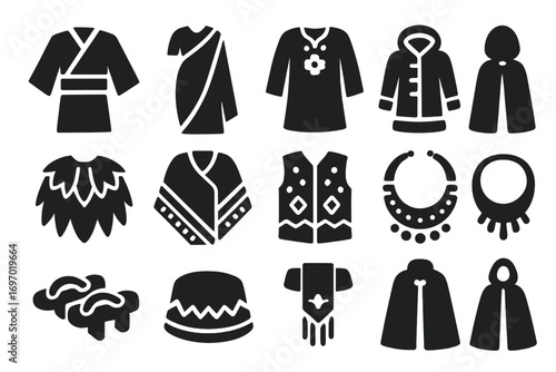 Traditional Clothing Icons. Solid style icons of traditional clothing and fashion: kimono, sari, embroidered tunic, fur-lined coat