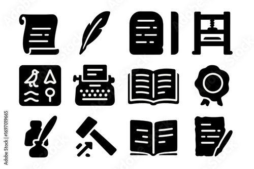 Historic Writing Icons. Solid style icons of historic writing and records: parchment scroll, feather quill, stone tablet, printing