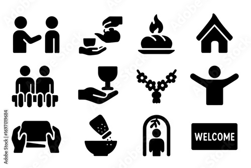 Hospitality Symbols Icons. Solid style icons of hospitality and welcoming traditions: guest greeting, offering tea, symbolic bread