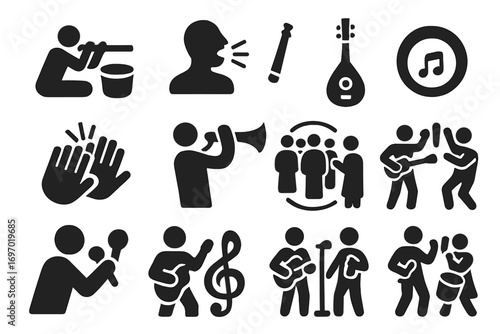 Traditional Music Icons. Solid style icons of music and sound traditions: flute and drum, vocal chant, cultural string instrument,