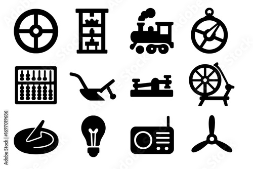 Historic Tools Icons. Solid style icons of historical inventions and tools: early wheel, printing press gear, steam engine,
