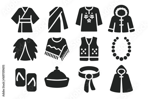 Traditional Clothing Icons. Solid style icons of traditional clothing and fashion: kimono, sari, embroidered tunic, fur-lined coat
