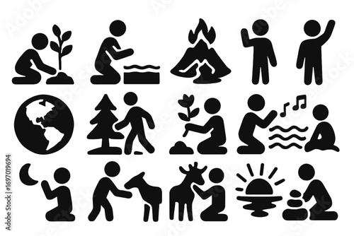 Nature Ritual Icons. Solid style icons of environmental and nature traditions: planting tree, honoring river, mountain fire,