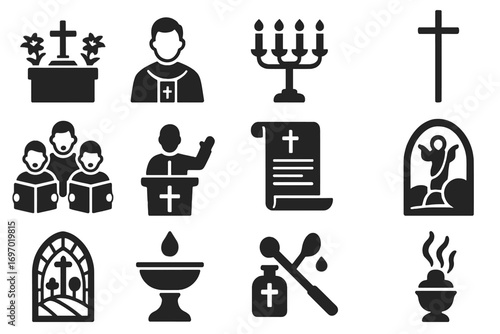 Easter Church Icons. Solid style icons of Easter in church: altar with lilies, clergy in white, candle stand, procession cross,
