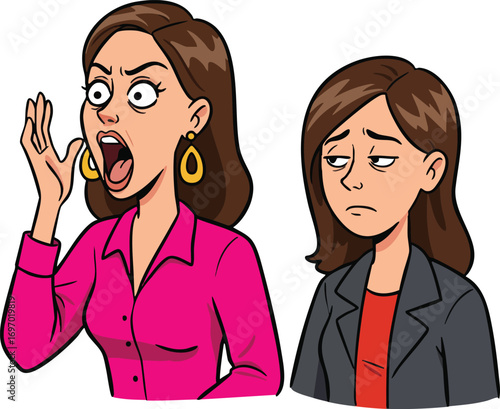 Woman shouting angrily at another woman showing disapproval and sadness in casual and formal clothing vector illustration 