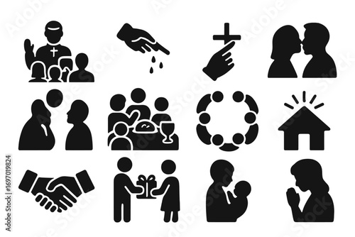Easter Blessings Icons. Solid style icons of Easter blessings: priest blessing family, water sprinkled, cross traced, Easter kiss,
