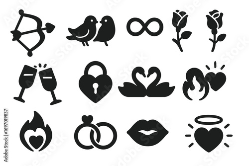 Romantic Symbol Icons. Solid style icons of romantic symbols: cupid bow, lovebirds, infinity heart, rose stem, champagne glasses,