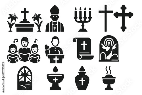 Easter Church Icons. Solid style icons of Easter in church: altar with lilies, clergy in white, candle stand, procession cross,
