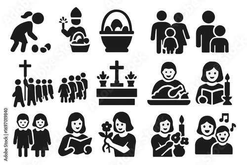Easter Traditions Icons. Solid style icons of Easter traditions: egg hunt, blessing of food, Easter basket, family gathering,