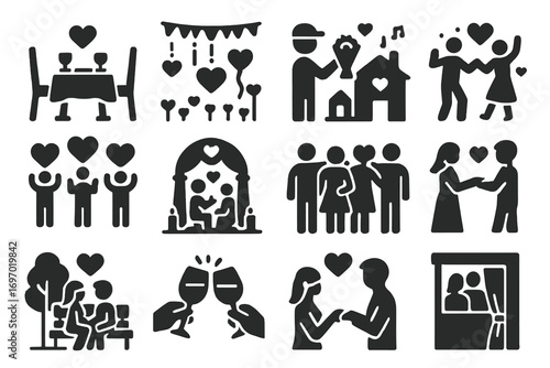 Valentine Celebration Icons. Solid style icons of Valentine celebrations: romantic dinner table, decorated room, bouquet delivery,