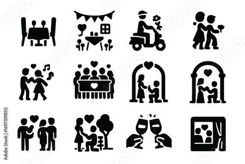 Valentine Celebration Icons. Solid style icons of Valentine celebrations: romantic dinner table, decorated room, bouquet delivery,