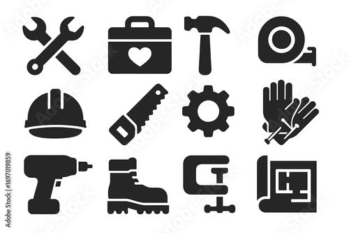 Dad's Tool Icons. Solid style icons of dad tools and gear: wrench and screwdriver, toolbox with heart, hammer icon, measuring tape