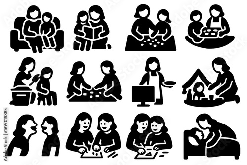 Heartwarming Home Moments. Solid style icons of home moments with mom: sitting on couch, storytime together, baking cookies,