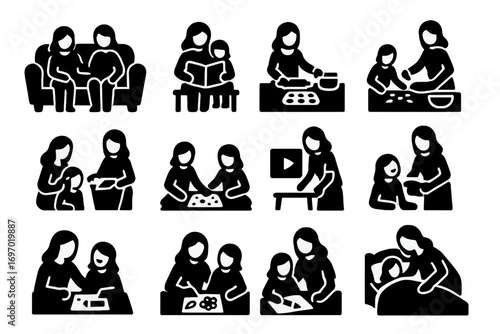 Heartwarming Home Moments. Solid style icons of home moments with mom: sitting on couch, storytime together, baking cookies,