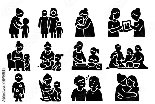 Generational Love Icons. Solid style icons of generational love: grandmother with child, three generations, granny hugs, passing