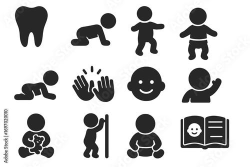 Baby Milestone Icons. Solid style icons of baby milestones: first tooth, crawling baby, first steps, standing baby, tummy time,