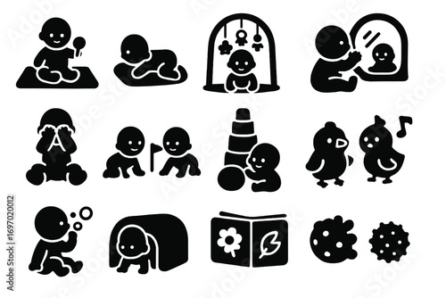 Baby Playtime Icons. Solid style icons of baby playtime: baby mat, tummy time pad, baby gym, mirror play, peekaboo pose, crawling