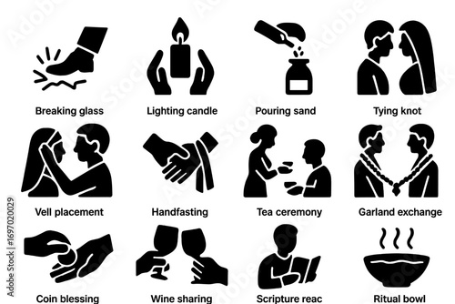 Wedding Ritual Icons. Solid style icons of wedding rituals and traditions: breaking glass, lighting candle, pouring sand, tying