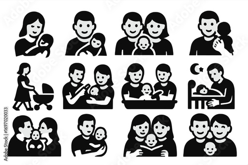 Family Icons. Solid style icons of parents with baby: mom holding baby, dad with infant, family of three, baby on shoulder,