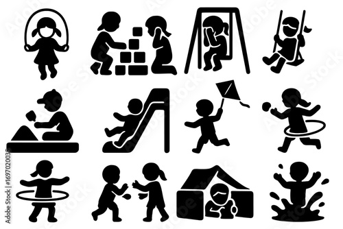 Playful Childhood Icons. Solid style icons of kids at play: jumping rope, building blocks, hide and seek, swinging, sandbox play,