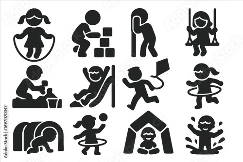 Playful Childhood Icons. Solid style icons of kids at play: jumping rope, building blocks, hide and seek, swinging, sandbox play,