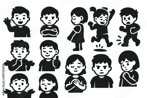 Kids' Emotions Icon Set. Solid style icons of kids’ emotions and behavior: cheerful wave, grumpy arms crossed, shy turn, angry
