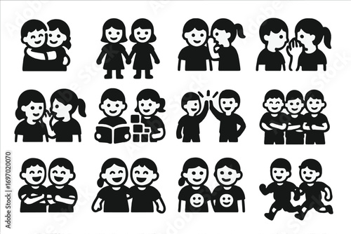 Joyful Sibling Icons. Solid style icons of siblings and friendships: kids hugging, holding hands, playing together, whispering