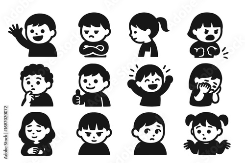 Kids' Emotions Icon Set. Solid style icons of kids’ emotions and behavior: cheerful wave, grumpy arms crossed, shy turn, angry