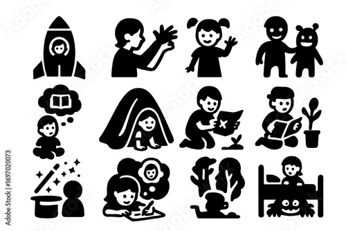 Imagination Icons. Solid style icons of kids and imagination: cardboard spaceship, shadow puppets, imaginary friend, story cloud,