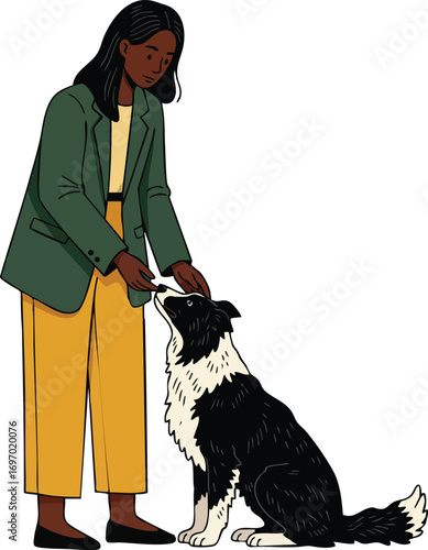 Woman training black and white border collie dog with treats in casual outfit vector illustration 