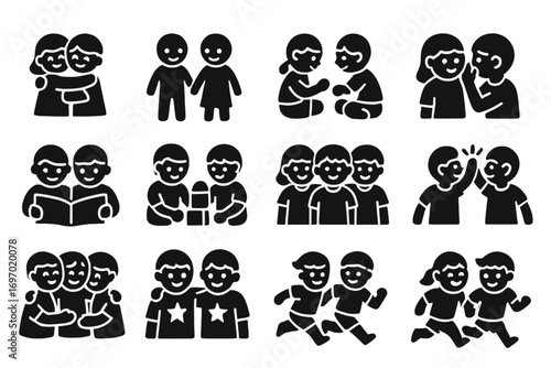 Joyful Sibling Icons. Solid style icons of siblings and friendships: kids hugging, holding hands, playing together, whispering