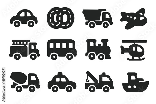 Toy Vehicle Icons. Solid style icons of toy vehicles: toy car, race track, dump truck, airplane toy, fire engine, school bus,