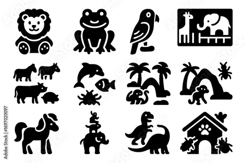 Animal Toys Collection. Solid style icons of animal-themed toys: plush lion, rubber frog, toy parrot, zoo figures, farm animals,