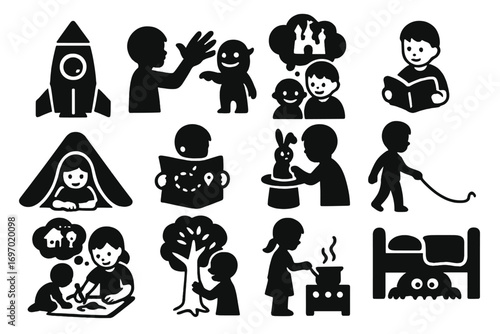 Imagination Icons. Solid style icons of kids and imagination: cardboard spaceship, shadow puppets, imaginary friend, story cloud,