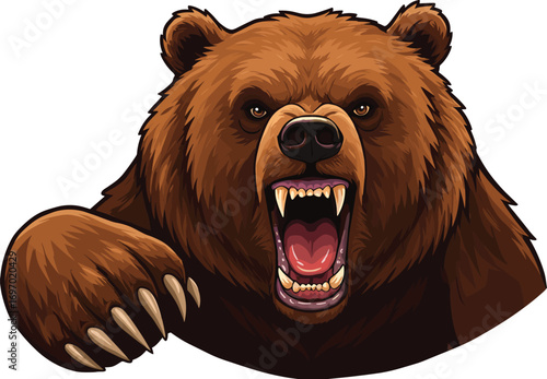 Roaring bear illustration, fierce animal, sharp claws, open mouth, wild predator, brown fur, aggressive pose, vector art, mascot style, wildlife power