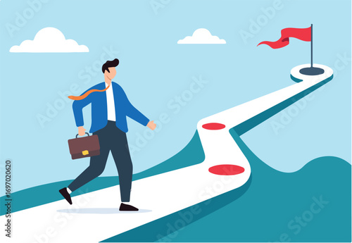 Flat illustration of businessman walks along winning plan journey aiming for career success