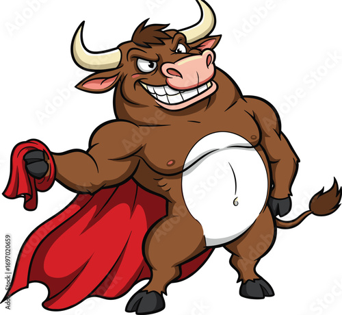 Strong cartoon bull character holding red cape, smiling aggressive mascot, muscular animal illustration, vector artwork, funny matador challenge pose
