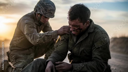 Soldier comforting fellow wounded infantryman on dusty road at sunset after battle, showing support and resilience in war footage.