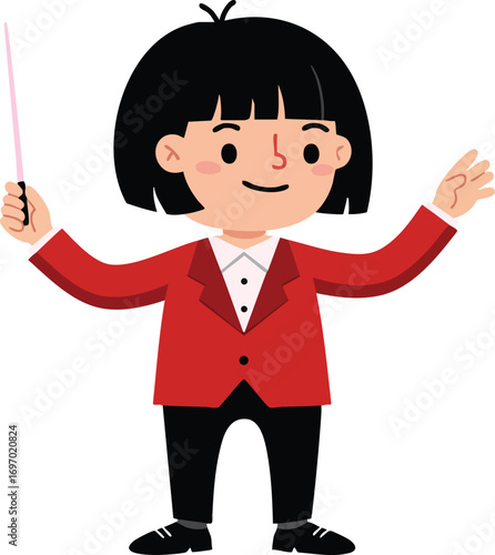 Child conductor leading orchestra in red jacket and black pants with baton vector illustration 