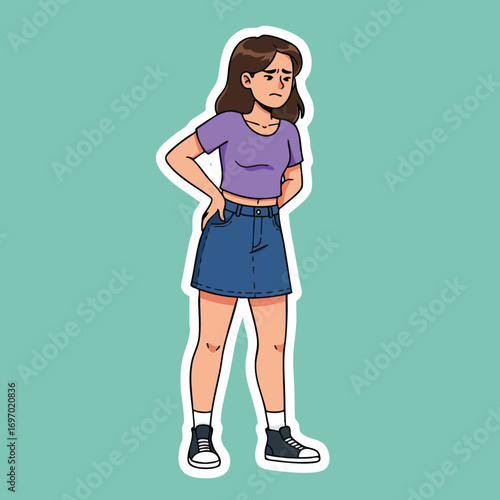 Young woman in purple shirt and denim skirt standing with hand on back looking concerned vector illustration 