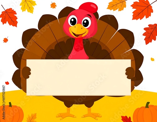 Cartoon turkey holds blank sign, autumn leaves & pumpkins
